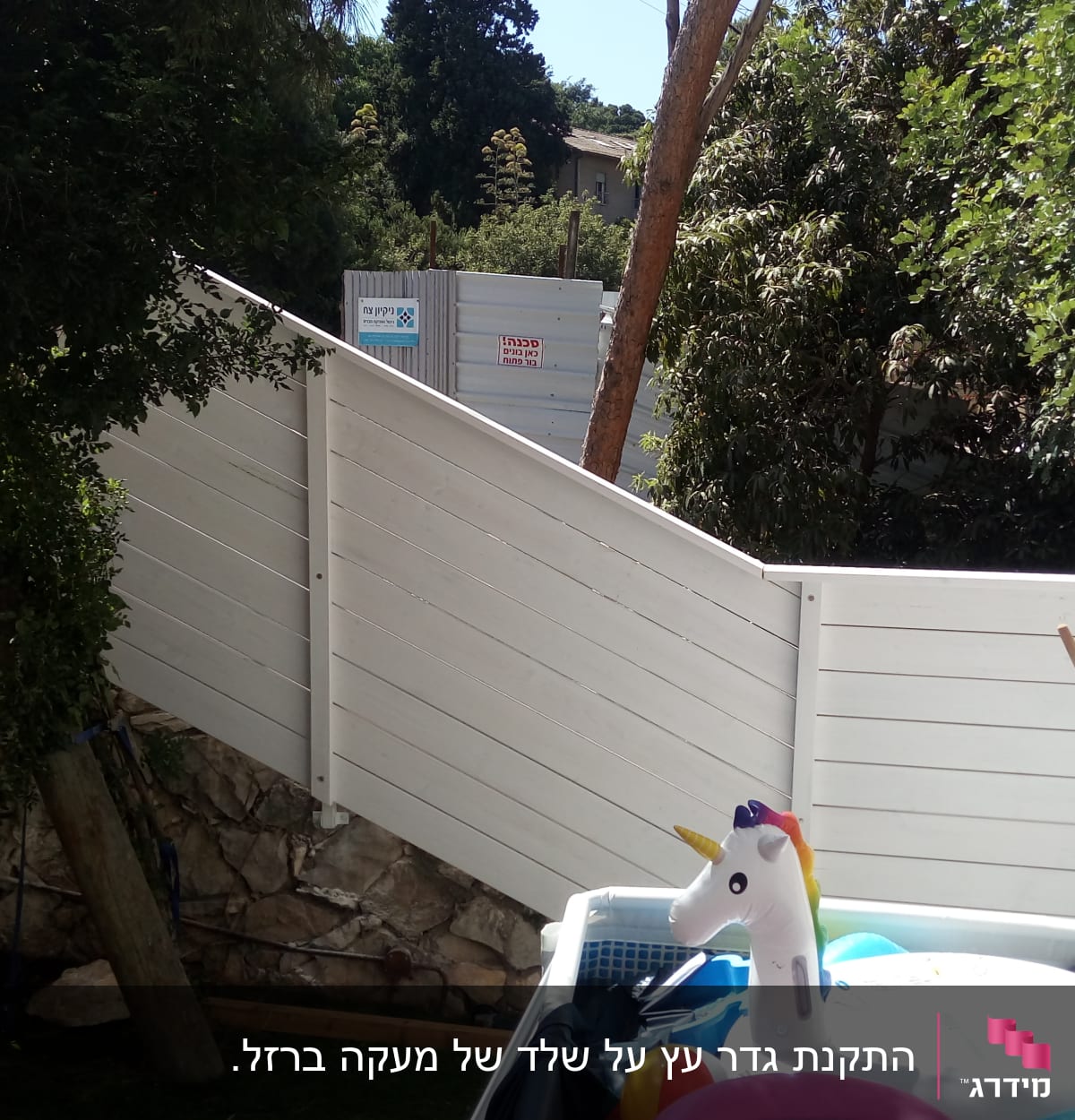 גדר עץ לבנה עם עץ וענפים